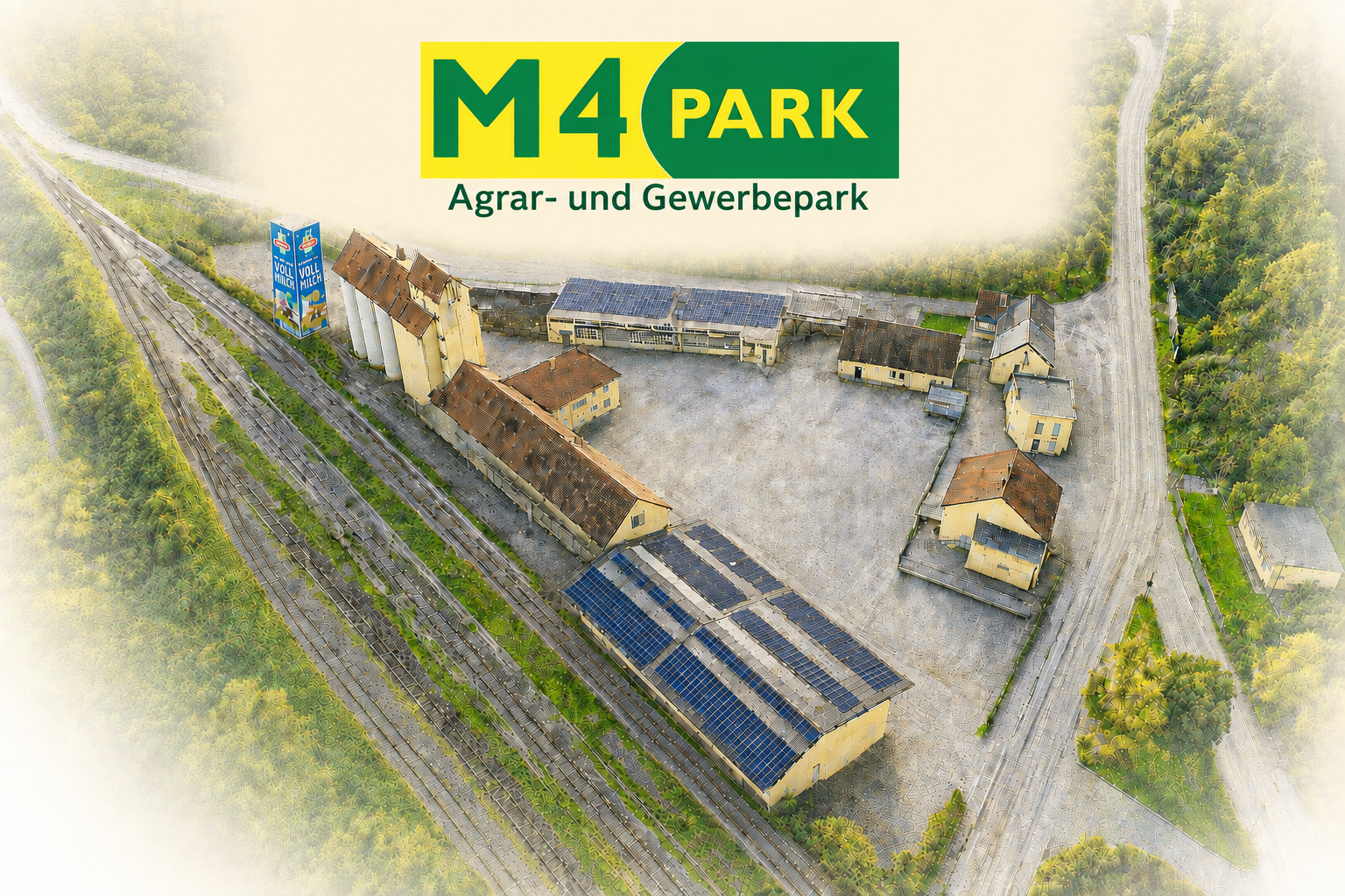 Luftbildartige Darstellung des M4Park mit Silos, Hallen, Bahn und Zufahrtsstraßen